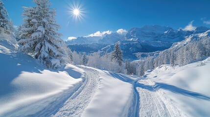 Sunny winter landscape with snow-covered trees and mountains.