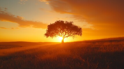 Fototapeta premium Lone Tree Silhouetted Against Vibrant Sunset Over Rolling Hills