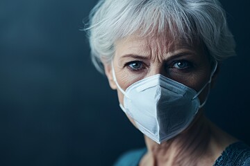 Senior Woman Wearing Protective Face Mask Close up Portrait Serious Expression Grey Hair