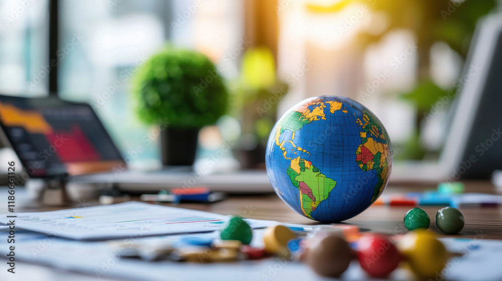 Aufkleber globe on desk surrounded by financial reports and colorful game pieces, symbolizing global economic trends and analysis in modern office environment