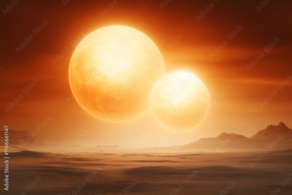 Poster A binary star system with two suns glowing brightly, their light casting long shadows across a barren alien landscape