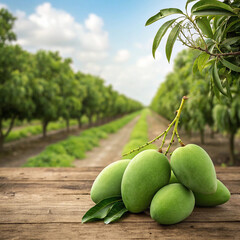 A bundle of fresh mangoes sits on the table in the garden.