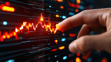 close up of hand interacting with digital financial graph, showcasing economic trends and data analysis. vibrant colors highlight market fluctuations and insights