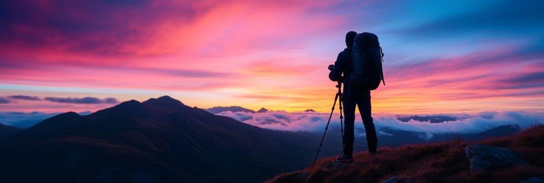 A lone photographer captures a vibrant sunset over misty mountains, tripod in place, seeking the perfect shot. Banner with a copy space