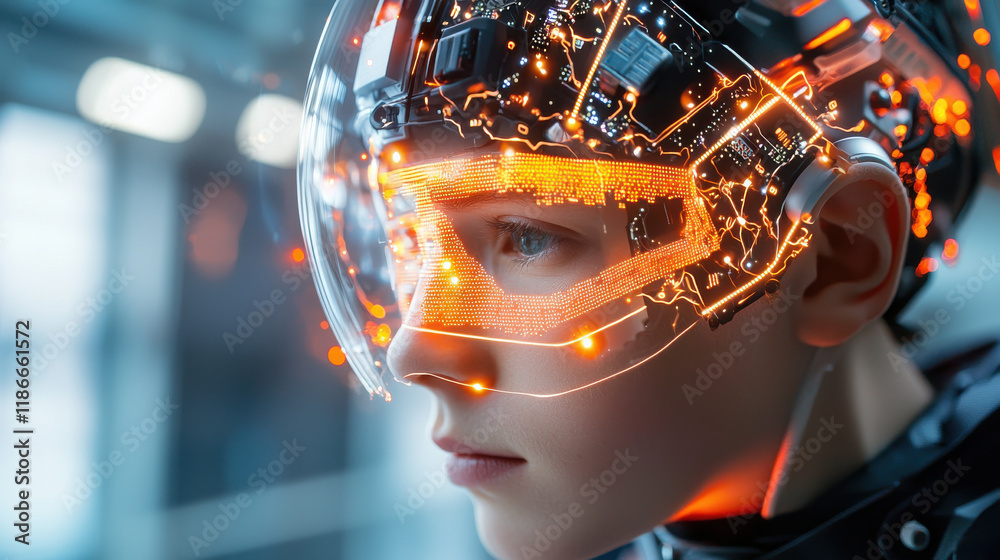 Fototapete close up of humanoid robot with glowing AI chip embedded in its helmet, showcasing intricate circuitry and vibrant lights. futuristic design evokes sense of advanced technology and innovation