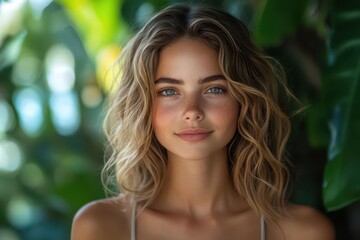 Fototapeta premium young woman with natural beauty and confident expression against soft focus botanical garden background