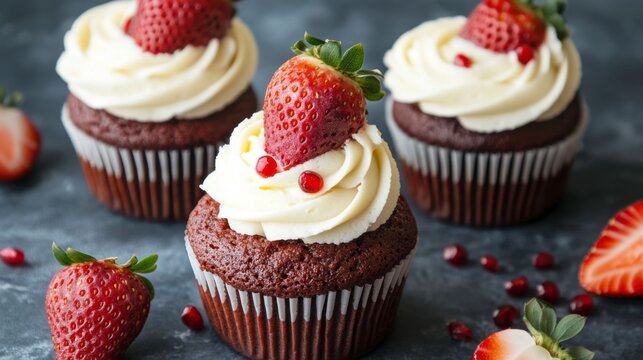 Red Velvet Cupcakes with Cream Cheese Frosting and Strawberries: A trio of decadent red velvet cupcakes adorned with creamy white frosting and fresh, plump strawberries.