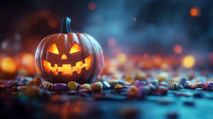 Obraz premium Halloween Jack-o'-lantern: A menacing jack-o'-lantern with glowing eyes and a wide grin sits amidst a colorful scattering of Halloween candy, creating an eerie yet festive ambiance.