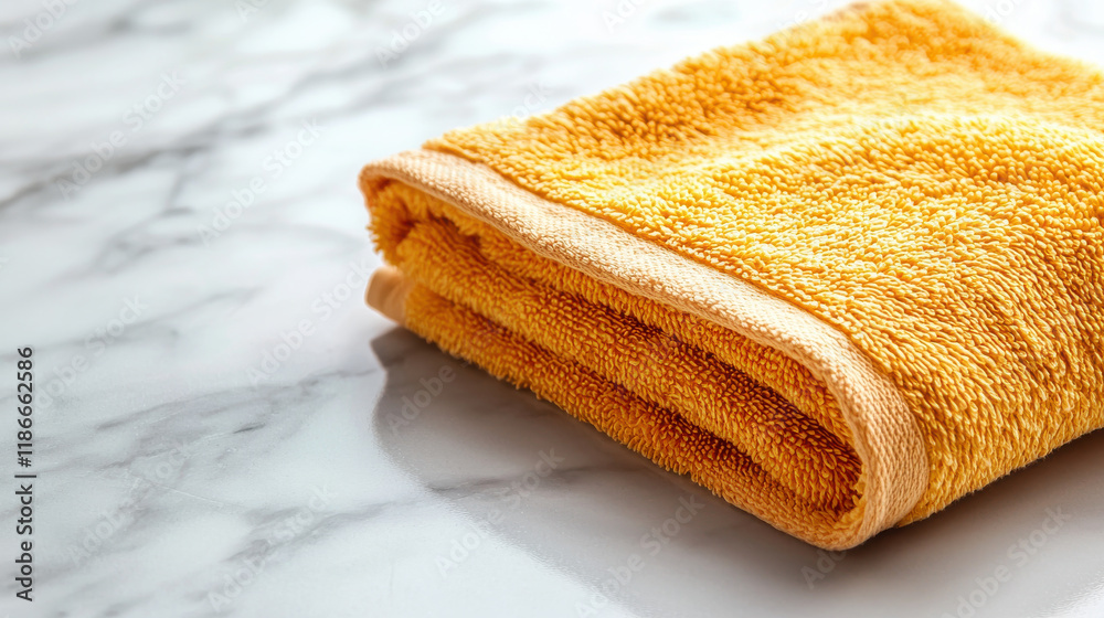 Poster close up of soft, textured yellow towel resting on marble surface, showcasing its luxurious feel and