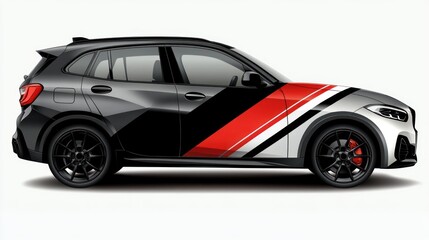 SUV with red, black, and white racing stripes decal wrap design.