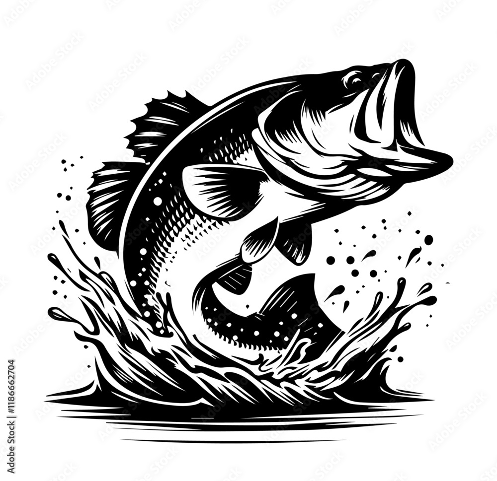 Wall mural jumping bass fish with water splash in black silhouette