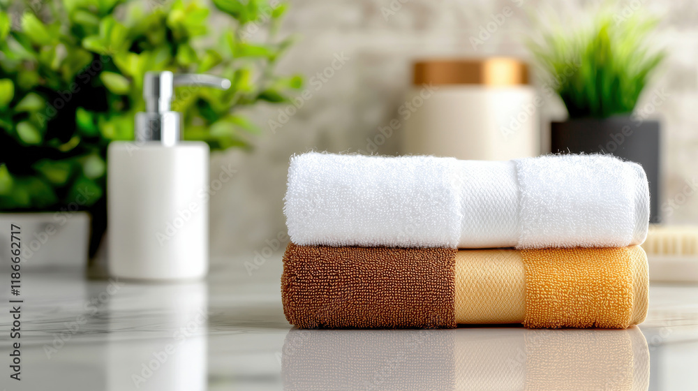 Poster Luxurious towels stacked neatly on marble surface, surrounded by greenery and elegant bathroom accessories, creating serene and inviting atmosphere