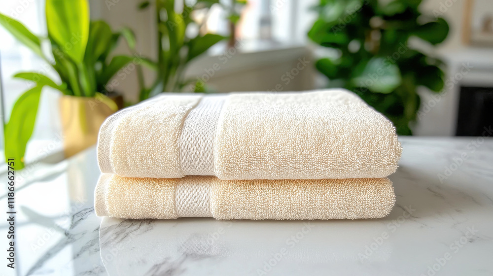 Poster soft, luxurious towels stacked on marble surface, surrounded by greenery, creating serene and inviti