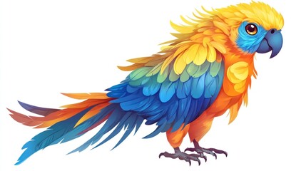 Fototapeta premium Colorful parrot with vibrant yellow, orange, and blue feathers, standing on white background.