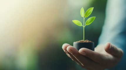 Nurturing young plant growth in human hands symbolizes sustainability and environmental care, promoting eco-friendly gardening practices globally.