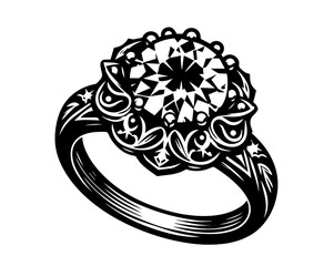elegant diamond ring with floral decorations in black silhouette