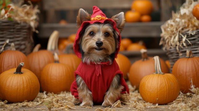 Pumpkin Patch Pup: An adorable Yorkshire Terrier in a charming red witch costume sits amidst a bountiful harvest of pumpkins, creating a captivating Halloween scene. 