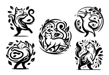 collection of decorative cat illustrations in black silhouette style