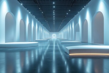 Obraz premium a vast modern exhibition hall interior with dramatic spotlights illuminating multiple curved white display platforms and reflective floor surfaces in 3d render