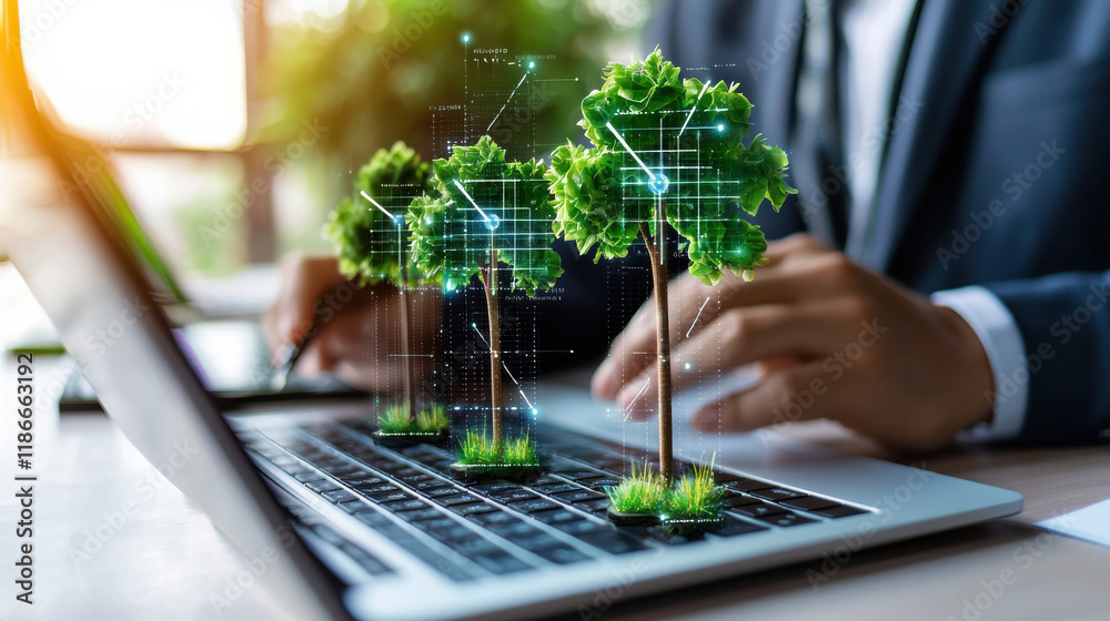 Leinwandbilder close up of analyst working on laptop with digital trees representing green economy concepts. image 