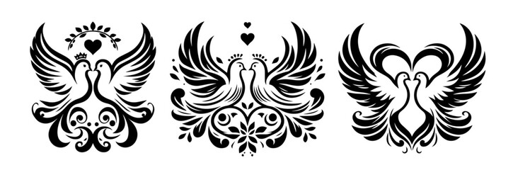 elegant doves with hearts collection in black silhouette style