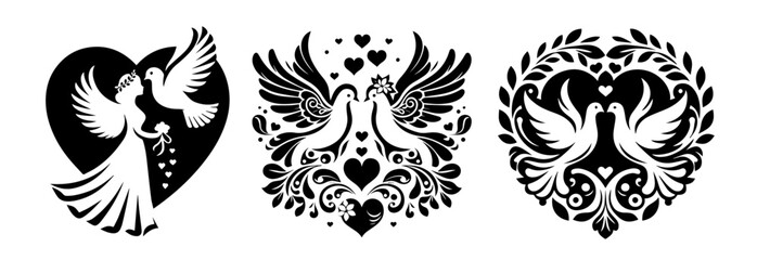 romantic doves and hearts collection in black silhouette style