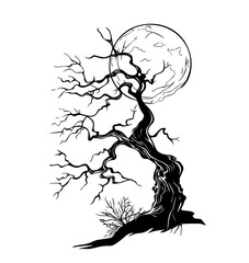 haunted tree with full moon in black silhouette style