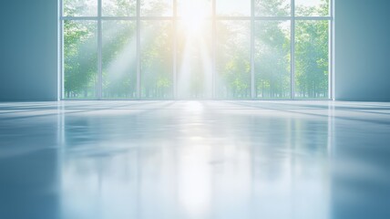 A bright, sunlit interior space with large windows, showcasing a serene ambiance and reflections on the polished floor.