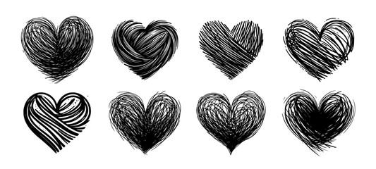 collection of abstract heart shapes in black sketch style