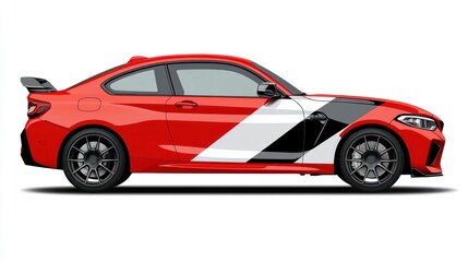 Red sports coupe with white and black racing stripes.