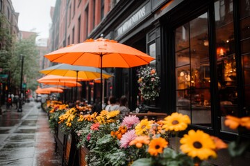 Obraz premium A cafÃ©-lined street in an urban neighborhood, with people sitting outside under colorful umbrellas