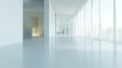 Fototapeta premium Bright, modern hallway with large windows and reflective floor.