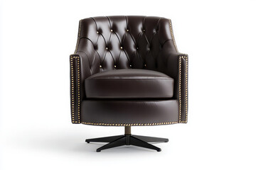 Fototapeta premium Elegant brown leather swivel chair with button tufting for modern interiors.