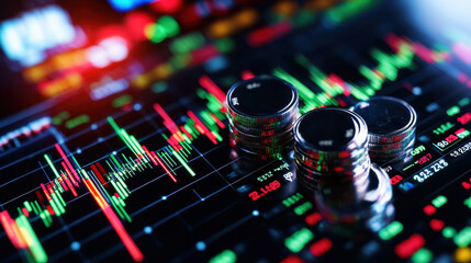 Close up of financial data analysis with coins and stock market graphs. vibrant colors of charts reflect market trends and economic insights, creating dynamic visual representation