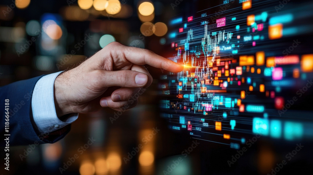 Poster close up of hand interacting with digital charts and data visualizations, showcasing technology and analytics in modern environment