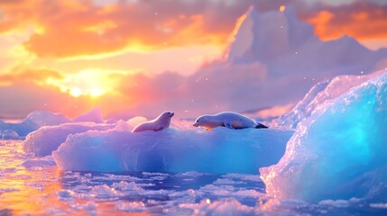 Naklejka premium A serene sunset over icy waters, featuring seals resting on floating ice, creating a tranquil and beautiful Arctic scene.