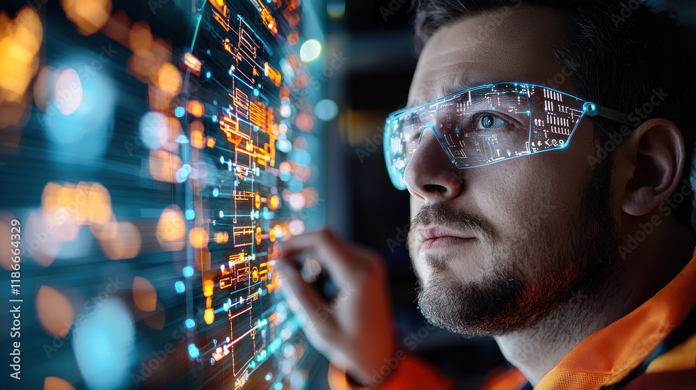 Aufkleber engineer wearing smart glasses, analyzing digital data on screen, showcasing technology and innovati