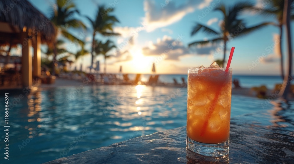 Aufkleber a colorful cocktail with a straw sits on the edge of a pool as the sun sets behind palm trees. the t