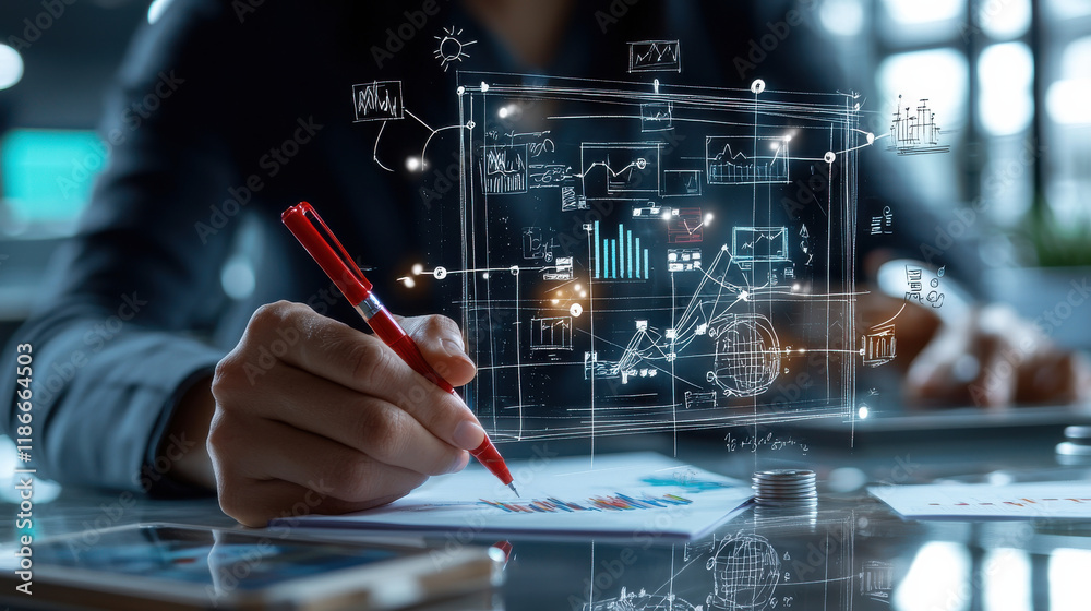 Leinwandbilder close up of entrepreneur writing business strategy with digital graphs and charts. scene conveys foc