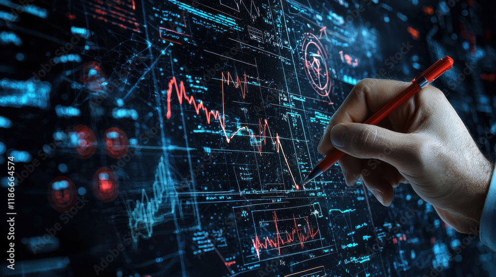 Aufkleber close up of hand holding red pen, analyzing digital graphs and data on futuristic screen, showcasing business strategy and technology