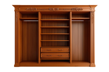 Elegant wooden bookcase with intricate detailing and multiple shelves for storage transparent background.