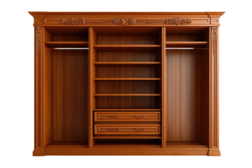 Elegant wooden bookcase with intricate detailing and multiple shelves for storage transparent background.