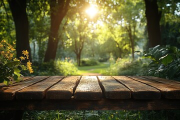 Naklejka premium Rustic Wooden Tabletop in a Sunny Park Setting