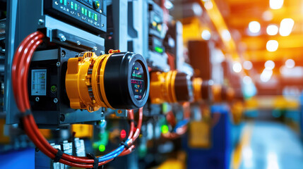 Fototapeta premium Close up of control panels inside hydroelectric plant, showcasing intricate machinery and vibrant indicators. scene reflects advanced technology and energy management