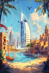 Retro travel poster of dubai, united arab emirates