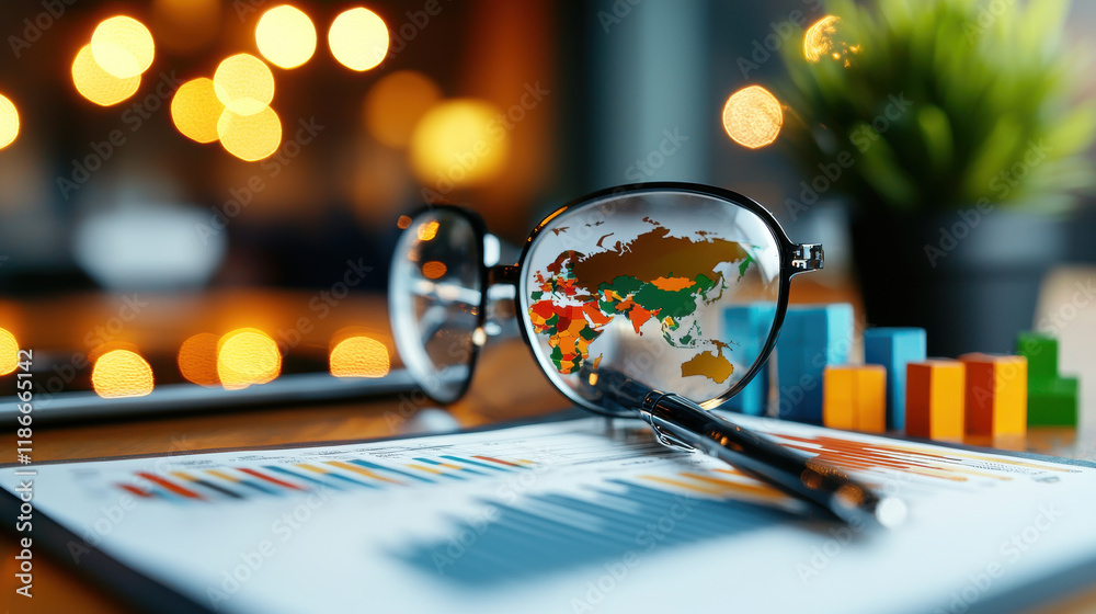 Leinwandbilder close up of glasses reflecting world map, with market analysis graphs and colorful charts in backgro
