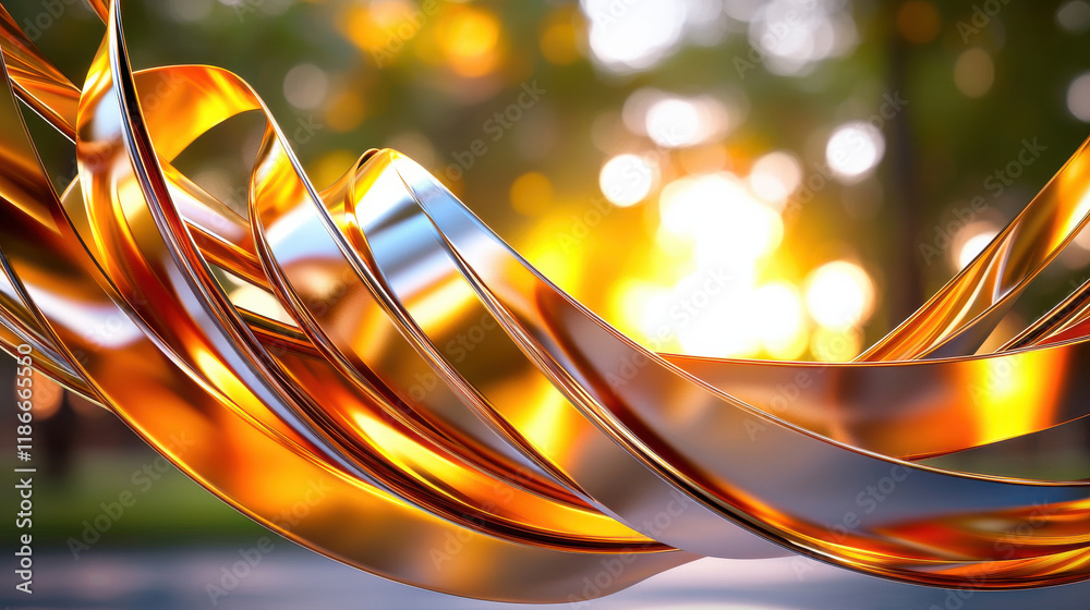 Leinwandbilder stunning close up of metallic ribbons flowing gracefully in warm sunlight, creating mesmerizing visu