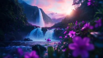 Naklejka premium A vibrant waterfall scene surrounded by blooming flowers, illuminated by a colorful sunset, creating a serene and picturesque natural landscape.