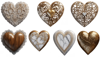 A set of five large, intricate hearts with various textures like lace, wood grain, holographic, marble, and metallic gold, each with distinct patterns