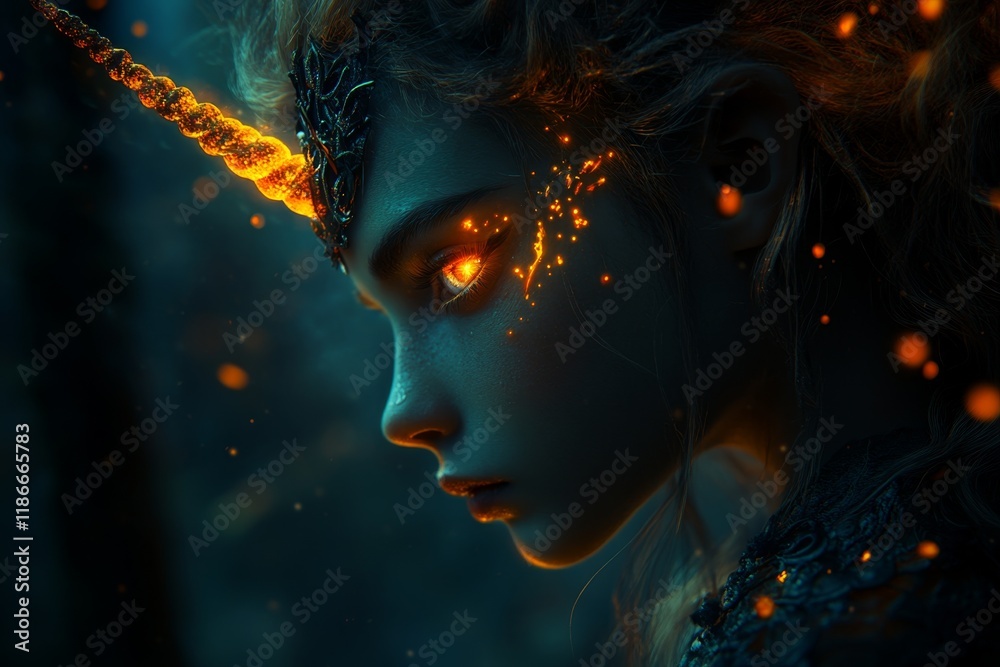 Poster a close-up of a unicorn face, with intricate details of its glowing horn and sparkling eyes against 